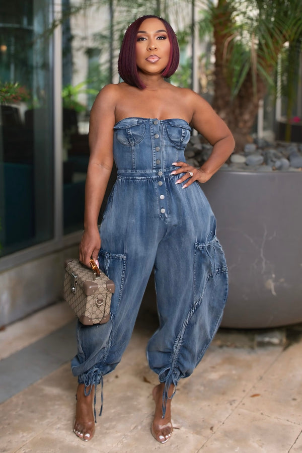 Erika Denim Strapless Utility Jumpsuit