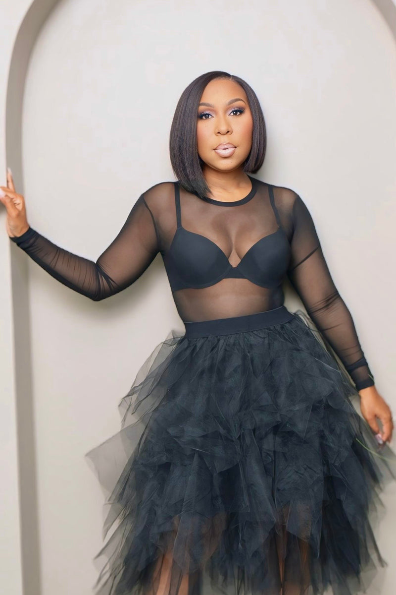 Sheilah Pretty Basic Long Sleeve Mesh Bodysuit -Black