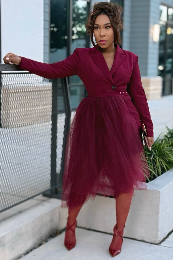 Brandy Bordeaux Drama Blazer Dress with Detachable Tulle Belt
