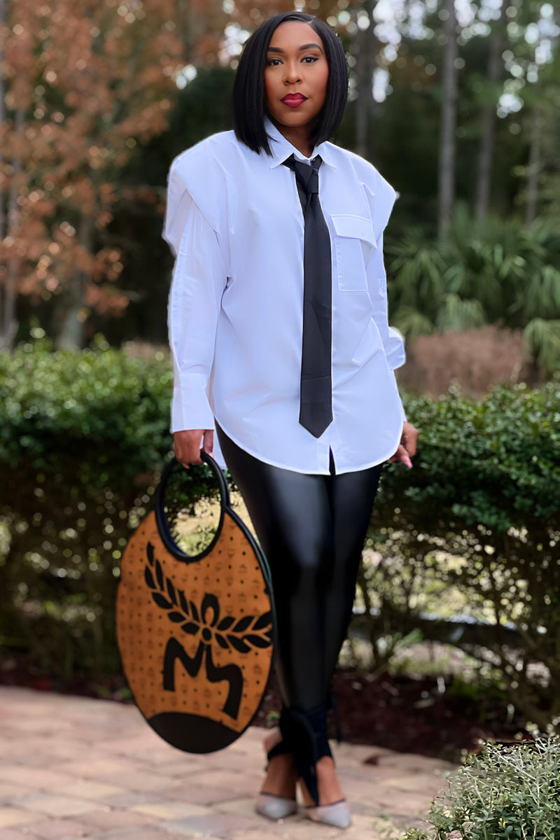 Geneva Strong Shoulder Button Up Tunic With Neck Tie PREORDER