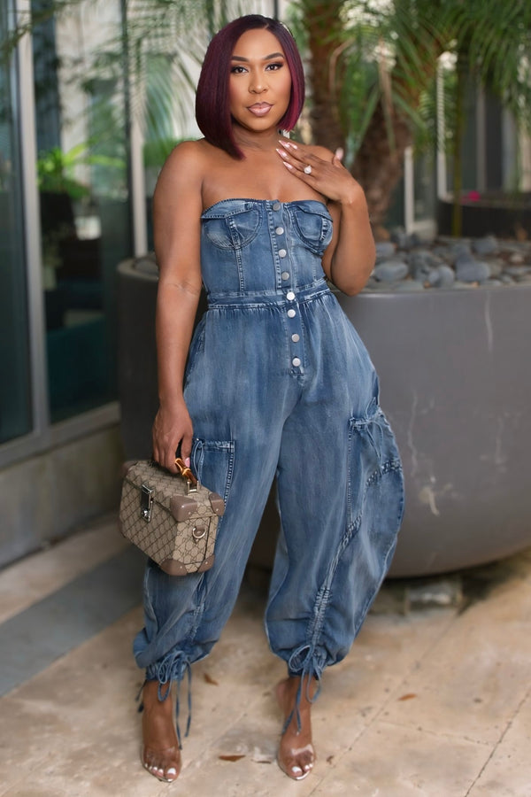 Erika Denim Strapless Utility Jumpsuit