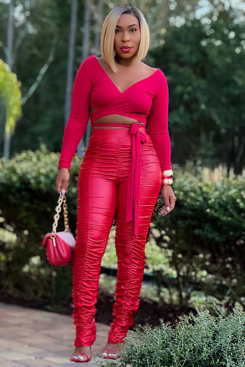 Shardae Pretty Basic Long Sleeve Wrap Top -Red